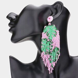 First Class Tropical Leaf Pointed Beaded Women's Fringed Dangle Earrings